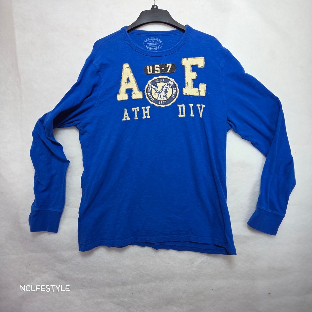 American Eagle Mens XXL Long Sleeve Graphic T-Shirt Blue Athletic Fit AEO 2964
